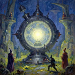 teleportation machine in a fantasy world, with wizards and warriors using it, the machine is a large metal contraption with a bright light in the center by thomas kinkade and m. c. escher, style of impressionism
