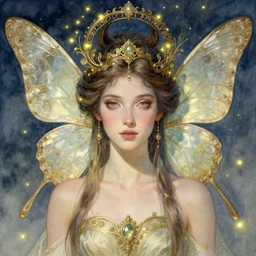 portrait of beautiful faerie with butterfly wings, headshot, symmetrical, elegant, regal, intricate, fireflies in a twilight background, highly detailed, digital painting, artstation, concept art, sharp focus, watercolor, muted color, complementary colors, art by artgerm, greg rutkowski and alphonse mucha