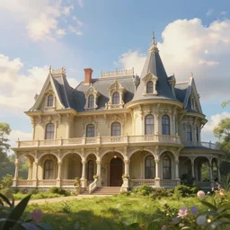 beautiful landscape, gorgeous victorian mansion, sunny sky with fluffy clouds, iredescent soft glow bloom effect, dream - like, baroque portrait painting, perfect composition, beautiful detailed, intricate detailed octane render, unreal engine 5, trending on artstation, 8 k, photorealistic, volumetric cinematic perfect light, chiaroscuro, masterpiece, raphael, caravaggio, beksinski, ghibli