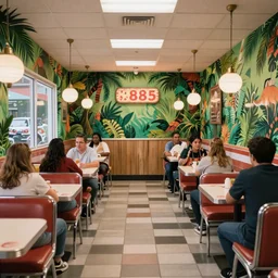 1 9 8 5 tropical jungle themed classic american diner, people sitting at tables, junglecore, one point perspective, americana, restaurant interior photography, 5 5 mm