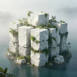 an island made of perfect giant white rock cubes with overgrown plants, concept art, trending on artstation, by greg rutkowski, cinematic, morning fog, surrounded by water, ray tracing, unreal engine