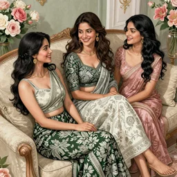 a scene from above, women relaxing on a sofa, happy, flowers, absurdly beautiful, elegant, realistic ultrafine hyperrealistic detailed face illustration by amrita sher - gil, intricate linework, sharp focus, bright colors, matte, unreal engine highly rendered, global illumination, radiant light, intricate environment