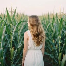 photograph of a beautiful!!! woman! from the back in a tall!! green corn field by mark owen. pastel colors. portra 4 0 0 film. mamiya 7. highly detailed. hq. photoreal. golden hour. raw. in - frame