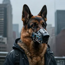 new york city portrait of furry anthro anthropomorphic german shepard head animal person fursona wearing clothes strange cybernetic muzzle dystopian gloomy rainy cyberpunk digital art by Greg Rutkowski, Simon Stalenhag, trending on Artstation, CGSociety
