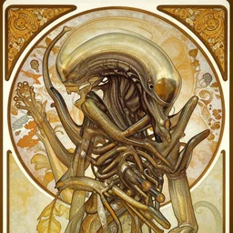xenomorph portrait in the style of alphonse mucha, inticrate,