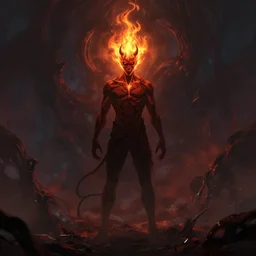 full body, a person with a demon face and flames on their head, concept art by anato finnstark, featured on deviantart, fantasy art, hellish, concept art, hellish backgrounda person with a demon face and flames on their head, concept art by anato finnstark, featured on deviantart, fantasy art, hellish, concept art, hellish background