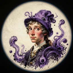 violet prince, painted by jason van hollander and melvyn grant, trending on artstation, rembrandt lighting fish eye pixar, magic realism, noodly, futuresynth, ink drawing