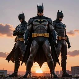 batman redesigned by yasushi nirasawa and alex ross, full figure action shot, sunset background, hdr, 8 k, octane render, volumetric lighting