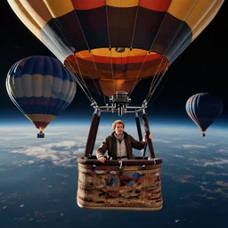 highly detailed portrait of a man flying in hot air balloon in the space, in the style of greg rutsowski, wide angle shot, hyper realistic, concept art, 8 k detail post - processing