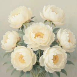beautiful cluster of cream and ivory flowers, peonies, in the style of james jean and moebius, pastel colors,