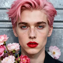 Portrait of an androgynous man, close-up, high sharpness, zeiss lens, fashion photo shoot, flowers, pink hair, freckles, Red lipstick, on metal background, Annie Leibovitz and Steve McCurry, David Lazar, Jimmy Nelsson, artistic, hyper-realistic, beautiful face, octane rendering