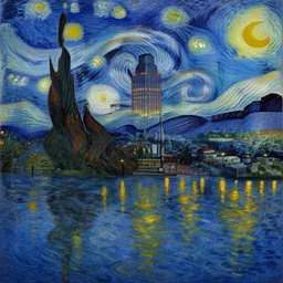 louisville ky skyline at night reflecting of the river, in the style of van goghs painting starry night