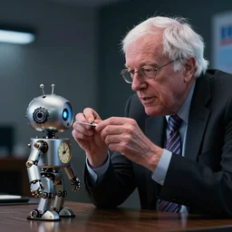 bernie sanders putting the finishing touches on a cute clockwork doomsday robot, cinematic moody lighting, sharp focus, imax