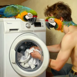 a beautiful illustration of a human having a parrot head lis washing clothers using a washing machine which also has a parrot head sticking out of the top of the washing machine, intricate, sharp focus, illustration, highly detailed, digital painting, concept art, matte, art by wlop and artgerm and greg rutkowski and alphonse mucha, masterpiece