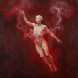 pale floating husk in red light, billowing smoke, painting by phil hale, fransico goya,'action lines '!!!, graphic style, visible brushstrokes, motionb blur, blurry, visible paint texture, crisp hd image
