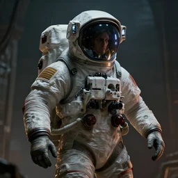 still of christian holy astronaut, grim lighting, dieselpunk, concept art, artstation, stephen bliss, unreal engine, game screenshot