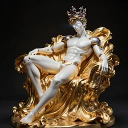 full - body rococo and cyberpunk style neon statue of a young attractive slender muscular nick jonas macho bem dotado rico android sim roupa reclining ( con pernas aberta e verga dura ) leite, glowing white laser eyes, prince crown of black skulls, ruby, swirling gold - colored silk fabric. futuristic elements. full - length view