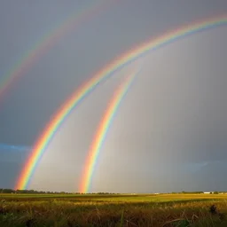 enormously detailed hd photo of triple rainbows at horizon, highly quality painting, 8K detail post-processing