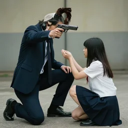 a long hair man in suit with a gun aimed the lens while helping a jk girl squatting on the ground stand up.