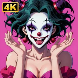 4K headshot of sexy goddess clown woman with and open hands and with full bodied chest , intricate face , flawless anime cel animation by Kentaro Miura, psychedelic , highly detailed upper body , professionally post-processed , beautiful, scary, symmetry accurate features, epic, octane rendered, anime masterpiece, accurate