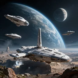 a high quality photo of an alien space civilization with space ships and a planet in the background