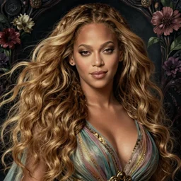 facial portrait of Beyonce as a young pretty woman in flowing dress, arrogant, mysterious, long fine flowing hair, delicate, looking at camera, slightly awkward smile, realistic face, no hands visible, intricate, stylish, elegant, grimdark fantasy, flowers, extremely detailed painting by Martine Johanna and Ernst Haeckel and Greg Rutkowski