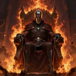 D&D official art of a sinister looking man with an oblong helmet sitting in a throne surrounded by hellfire