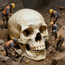 a group of miners excavating a large human skull just below the ground