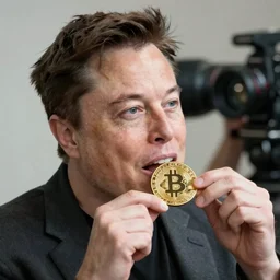 Elon Musk eating a bitcoin, highly detailed, high quality, HD, 4k, 8k, Canon 300mm, professional photographer, 40mp, lifelike, top-rated, award winning, realistic, sharp, no blur, edited, corrected, trending