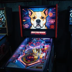 a pitbull themed pinball machine, in 1 9 8 5, y 2 k cybercore, industrial low - light photography, still from a kiyoshi kurosawa movie