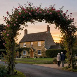 a small country house, a small country house, an elderly couple under an avenue of roses, sunset, highly detailed, cinematic lighting, perfect composition, 4 k, edward hopper
