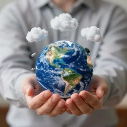 Holding miniature Earth in Hands, with small clouds above earth, small boats on the miniature Earth, 40nm lens, wide angle, shallow depth of field, 4k,