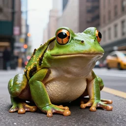 A realistic photo of a giant frog in the middle of the city.