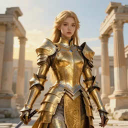 portrait knights of zodiac girl, golden and copper shining armor, bushido katana, in ruined agora of athens sunrise, ssci - fi and fantasy, intricate and very very beautiful and elegant, highly detailed, digital painting, artstation, concept art, smooth and sharp focus, illustration, art by tian zi and wlop and alphonse mucha