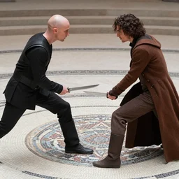 Cinematic knife-duel between bald_hairless_Austin_Butler-dressed-in-black and Timothee_Chalamet_dressed-in-brown-felt, on a mosaic floor dais, inspired by Dune 2020, intricately detailed faces eyes
