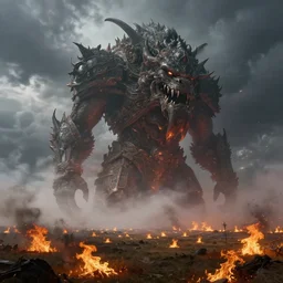 enormous creature towering over the plains, plains are on fire, seen from a distance, foggy, weather is thunderstorm, volumetric lighting, 8 k octane beautifully detailed render, post - processing, extremely hyper - detailed, intricate, epic composition, cinematic lighting, masterpiece, trending on artstation, masterpiece, stunning art by anders zorn, wonderful masterpiece by greg rutkowski, beautiful cinematic