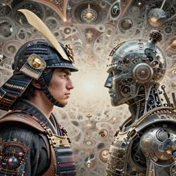 a portrait of gemini japanese samurai vs human technology character portrait made of fractals facing each other, ultra realistic, wide angle, intricate details, the fifth element artifacts, highly detailed by peter mohrbacher, hajime sorayama, wayne barlowe, boris vallejo, aaron horkey, gaston bussiere, craig mullins