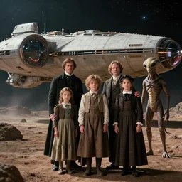 8k film still from a sci fi blockbuster color movie made in 2022, set in 1860, of a family standing in front of a spaceship that has just landed on an alien planet, a humanoid alien creature stands nearby, the family are all wearing 1850s era clothes, cinematic lighting, cinematic camera, detailed faces, extremely good lighting, good photography, winner of seven oscars