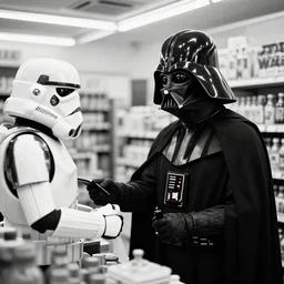 film still of Darth Vader working as a clerk in a convenience store checking out a storm trooper in the new Star Wars movie, 4k, black and white