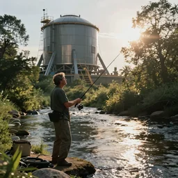 man fishing into a river with a sci - fi nuclear containment building in the background, trees, a sense of hope and optimism, harsh sunlight