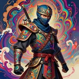 hyper detailed ultra sharp of a ninja warrior, trending on artstation, warpaint aesthetic, bloodwave, colorful, psychedelic, ornate, intricate, digital painting, concept art, smooth, sharp focus, illustration, art by artgerm and greg rutkowski and h. r. giger, 8 k