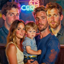 summer, family, colin farrell with jessica alba, with a kid, neon light, detailed faces, painting by gaston bussiere, craig mullins, j. c. leyendecker