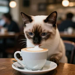 ultra high quality photograph of a extreme cute korat kitten drinking a cappuccino, in crowded cafe, bokeh background, lighting dim, colourized, kodak etkar 1 0 0