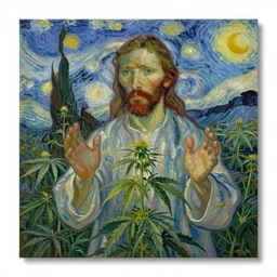 jesus spreads his hands against the background of growing cannabis. an oil painting in the style of van gogh