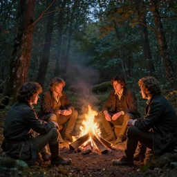 friends around campfire in the woods by john william waterhouse and thomas kinkade and martin johnson heade, art nouveau, 8 k, sharp focus, lighting study, octane render, ethereal