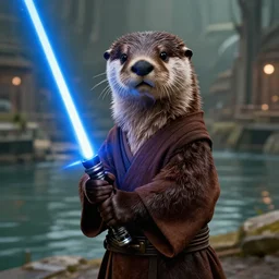 portrait, anthropomorphic otter wearing Jedi robes wielding a blue lightsaber in a futuristic river town. Dramatic lighting, cinematic, establishing shot, extremely high detail, photo realistic, post processed, artstation, matte painting, style by eddie mendoza, raphael lacoste, alex ross