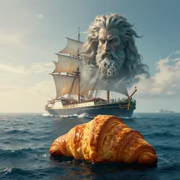 by johan grenier and sergey grechanyuk, visually stunning, cinematic, ultra realistic, hyper realism, 1 2 k, epic, octane render, unreal engine, vfx, maya, a double merge pour : a lonely ship adrift in the endless ocean of time, morning dachshund croissant : poseidon, distant shores : great waters