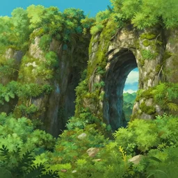 natural arches covered in bushes and moss, sunny day, long shot, matte painting, digital art, by greg rutkowski, in the style of studio ghibli, vivid colors, highly detailed, 8 k, establishing shot, smooth, trending on artstation, illustration, realistic