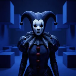a cinematic fine portrait of an ominous faceless court jester from the dmt trip, dark blue hypercubes, hyperdimensional, the waiting room, octane render, nvidia raytracing demo, masterpiece, static noise, white noise, grainy