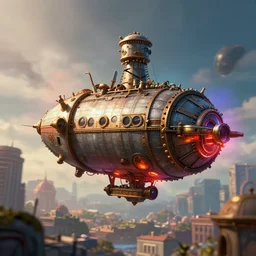 james paick - a steampunk airship hovers over the city, vibrant, 5 0 mm lens, game environment design, behance hd, dramatic lighting, cinematic, global illumination, deviant art, trending on artstation, bloom
